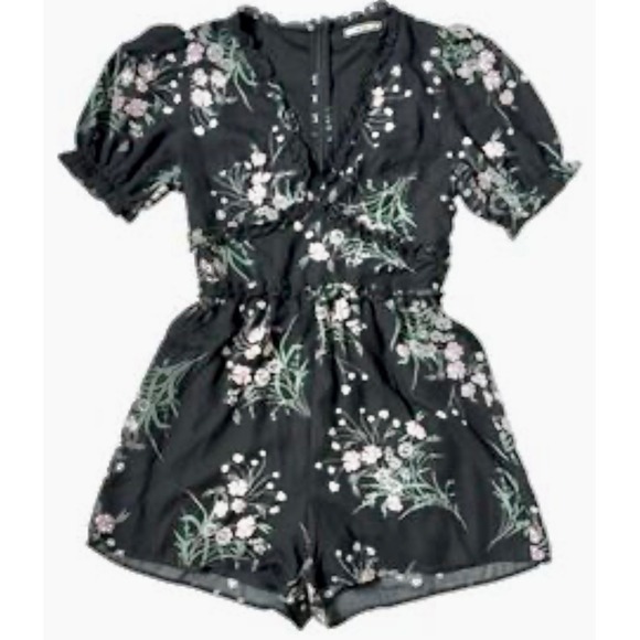 miami Pants - mi ami Black Floral Print Ruffle Trim Romper Short Sleeve Womens Franchescas M